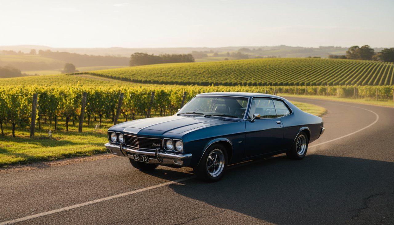 A meticulously restored vintage Holden cruizing through the sun-drenched Yering vineyards at golden hour, its polished chrome glinting under the warm light, captured from a dynamic low angle in an epic moment of motion, highlighting the scenic Victorian landscape.
