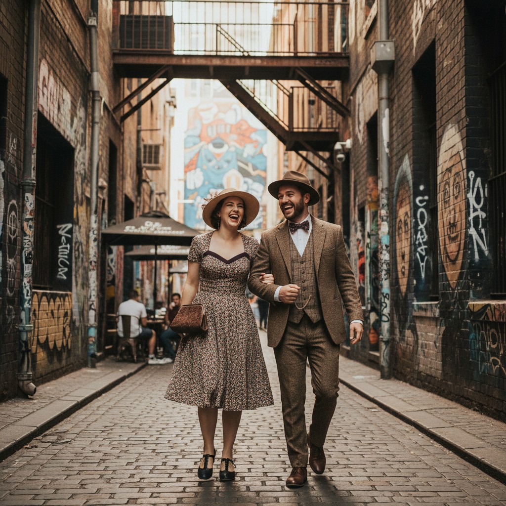 A candid, high-quality photograph of a vintage-dressed couple laughing while strolling through a charming, art-filled Melbourne laneway (e.g., Hosier Lane or AC/DC Lane), with subtle period details on their attire. The scene captures the city's vibrant urban lifestyle blended with classic romance, under natural daylight. No transparent background, no text.
