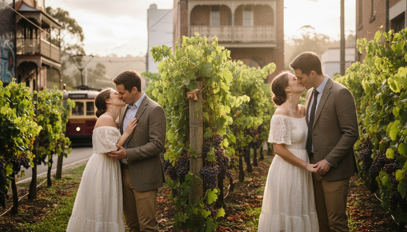 A romantic and high-end candid photograph of a couple laughing intimately in a sun-dappled Fitzroy laneway, vintage trams subtly in the background. The scene captures spontaneous joy with a timeless, fine-art feel, or a dramatic, emotional portrait of a couple silhouetted against a vibrant sunset on the Great Ocean Road, the rugged coastline providing a majestic backdrop. Alternatively, an intimate moment of a couple sharing a tender kiss amidst the lush rows of a Yarra Valley vineyard, golden hour light filtering through the grapevines, emphasizing rustic elegance and deep connection.