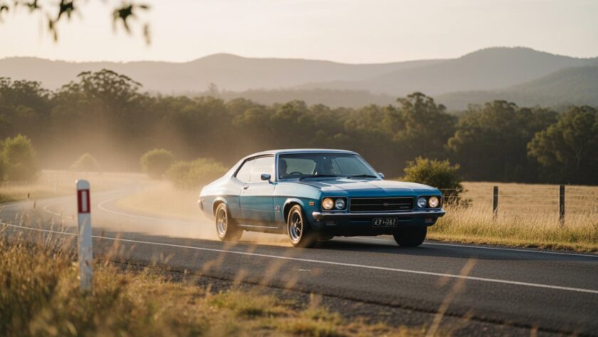 An epic moment from a Vintage Vehicle Photoshoot Tremont's Scenic Drives, featuring a gleaming classic Holden Monaro parked beside a winding country road at sunset, with golden light reflecting off its chrome details and lush Victorian hills in the background, captured with a cinematic wide-angle lens.