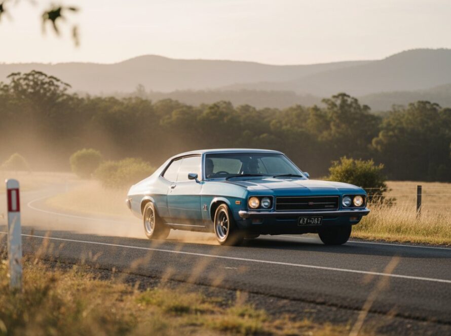 An epic moment from a Vintage Vehicle Photoshoot Tremont's Scenic Drives, featuring a gleaming classic Holden Monaro parked beside a winding country road at sunset, with golden light reflecting off its chrome details and lush Victorian hills in the background, captured with a cinematic wide-angle lens.