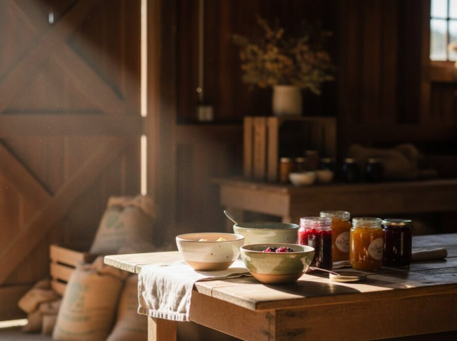 An epic, cinematic photograph showcasing beautifully arranged Wandin East artisan product photography for local brands, set against the rustic charm of a Wandin East barn at golden hour, with soft, directional light highlighting intricate details.