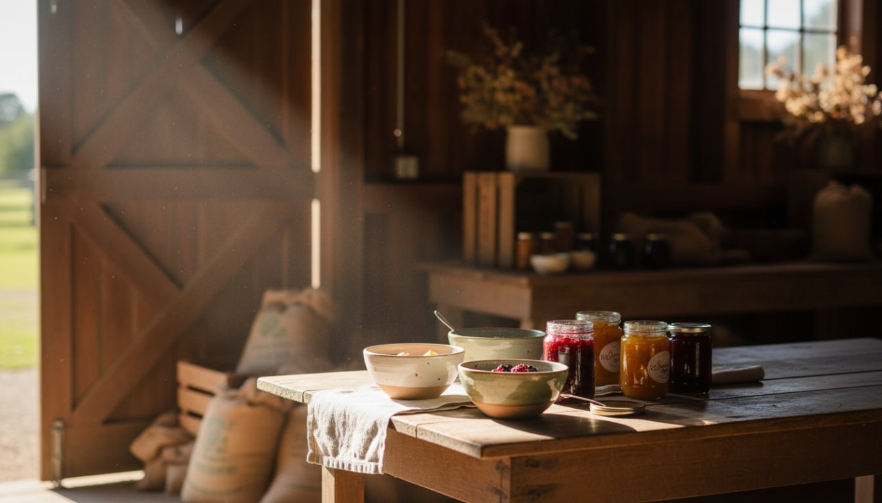 An epic, cinematic photograph showcasing beautifully arranged Wandin East artisan product photography for local brands, set against the rustic charm of a Wandin East barn at golden hour, with soft, directional light highlighting intricate details.