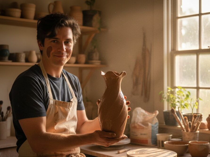 Wandin East bespoke advertising photography services showcasing a local artisan proudly presenting their handcrafted product in a beautifully lit workshop at golden hour, capturing an authentic, 'epic moment' of passion and craftsmanship.