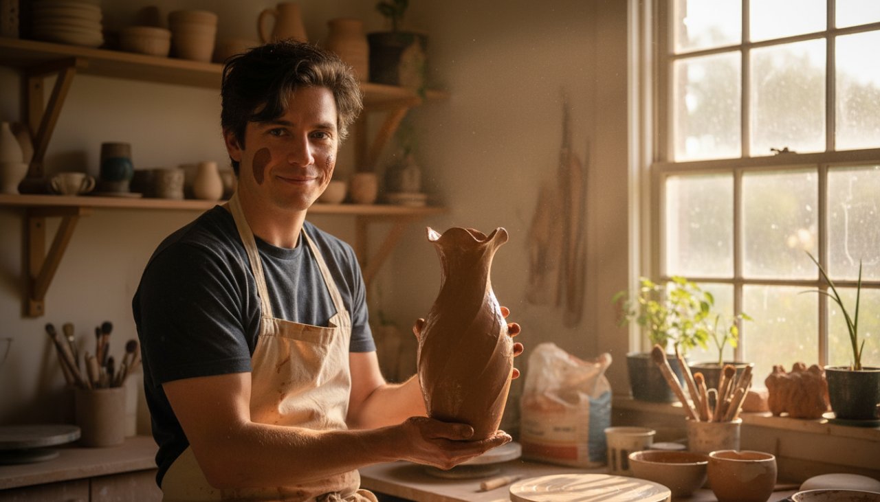 Wandin East bespoke advertising photography services showcasing a local artisan proudly presenting their handcrafted product in a beautifully lit workshop at golden hour, capturing an authentic, 'epic moment' of passion and craftsmanship.