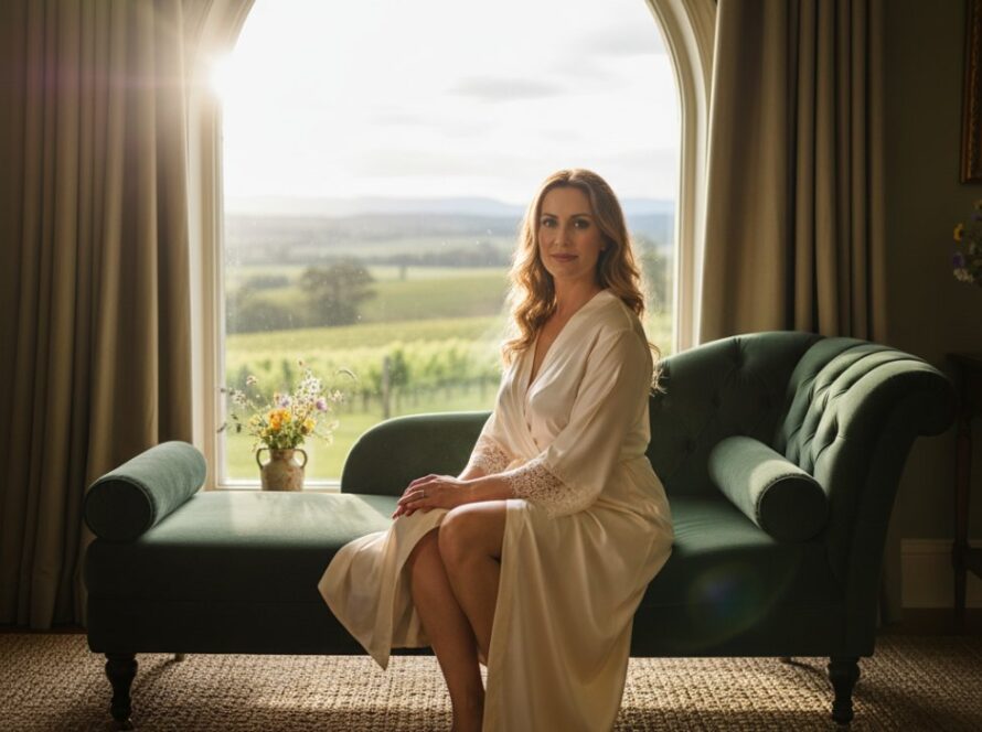 A stunning, sun-drenched portrait showcasing Wandin East boudoir photography for empowered women, featuring a confident woman in elegant lingerie gazing out a window, capturing her inner strength and beauty.