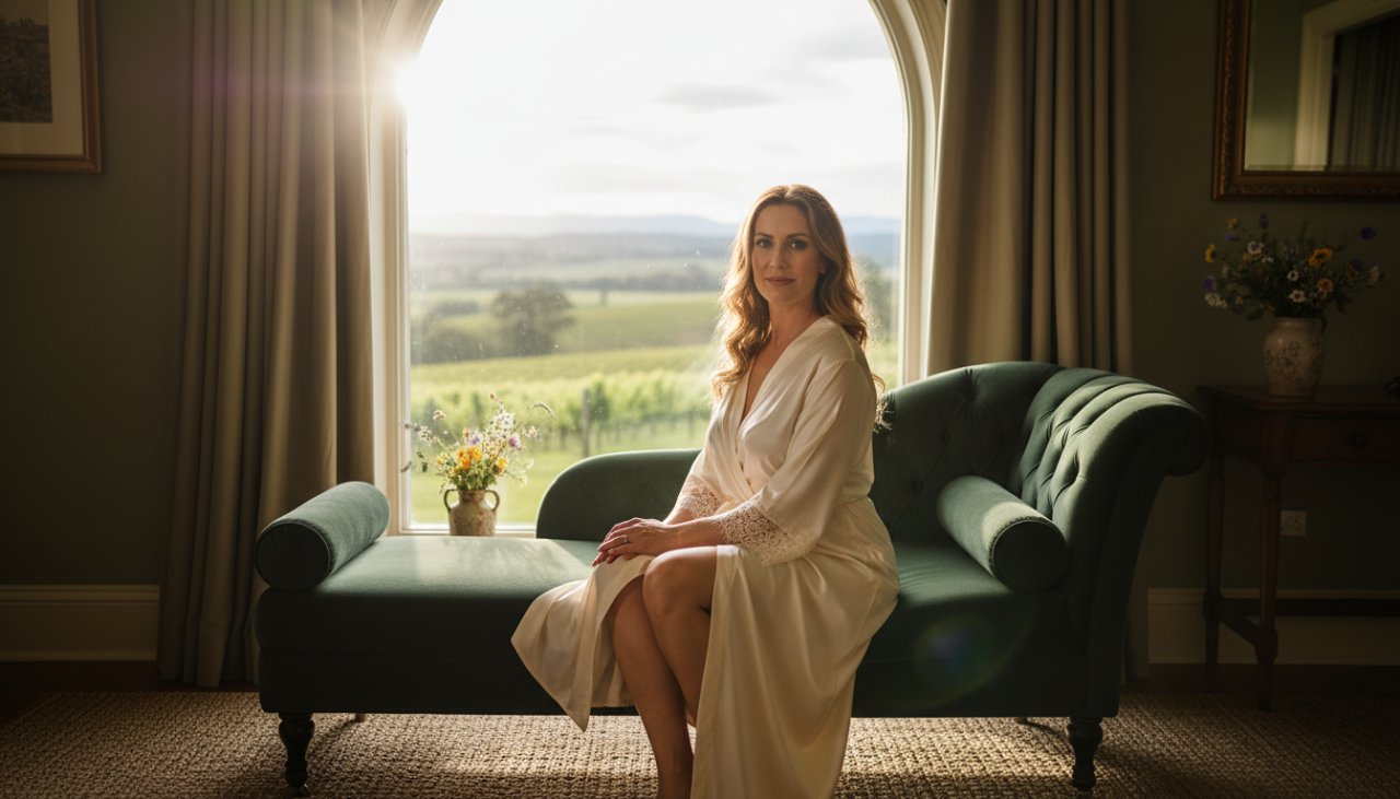 A stunning, sun-drenched portrait showcasing Wandin East boudoir photography for empowered women, featuring a confident woman in elegant lingerie gazing out a window, capturing her inner strength and beauty.
