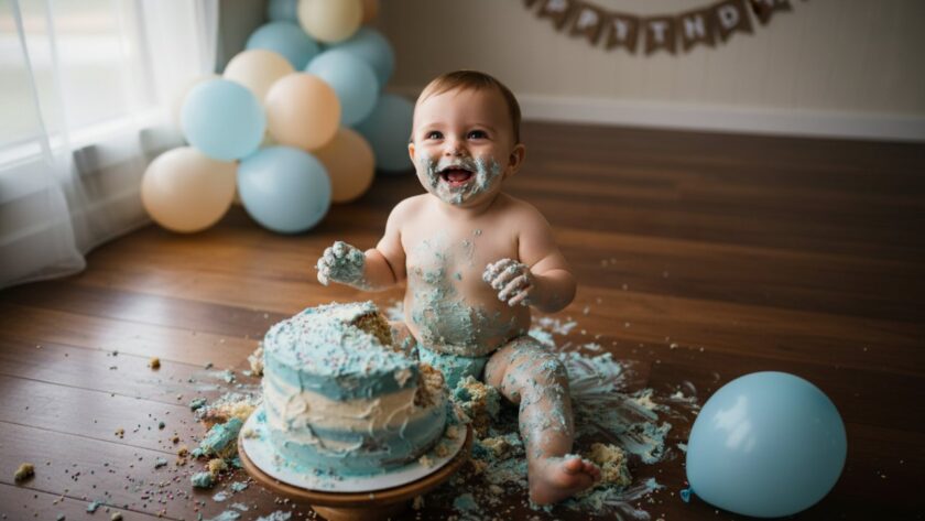 An adorable baby, covered in cake, laughing joyfully amidst colourful balloons and a smashed birthday cake, captured beautifully with Wandin East cake smash photography, reflecting pure, unadulterated first birthday bliss.