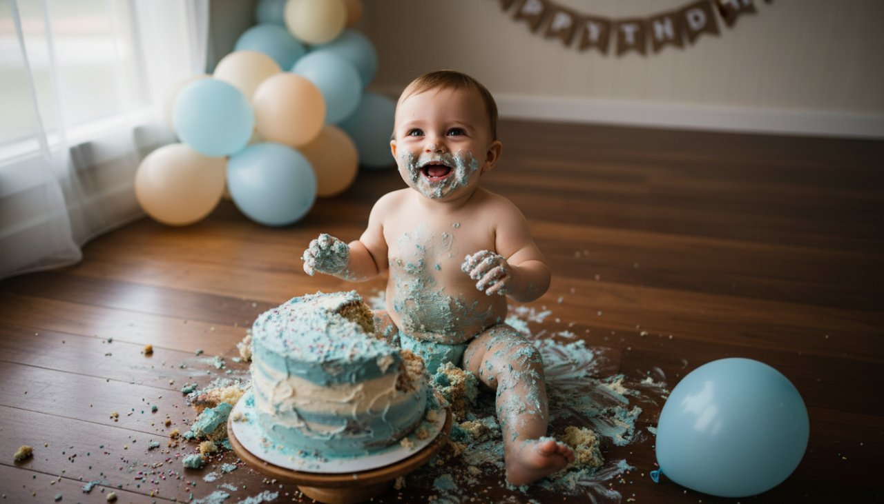 An adorable baby, covered in cake, laughing joyfully amidst colourful balloons and a smashed birthday cake, captured beautifully with Wandin East cake smash photography, reflecting pure, unadulterated first birthday bliss.