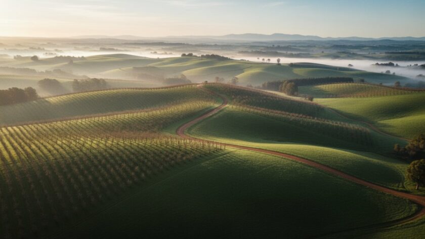 An epic drone photograph showcasing the serene rolling hills and lush orchards of Wandin East at sunrise, capturing the rural beauty with golden light illuminating a winding country road, expertly captured with Wandin East Drone Photography for Rural Beauty.