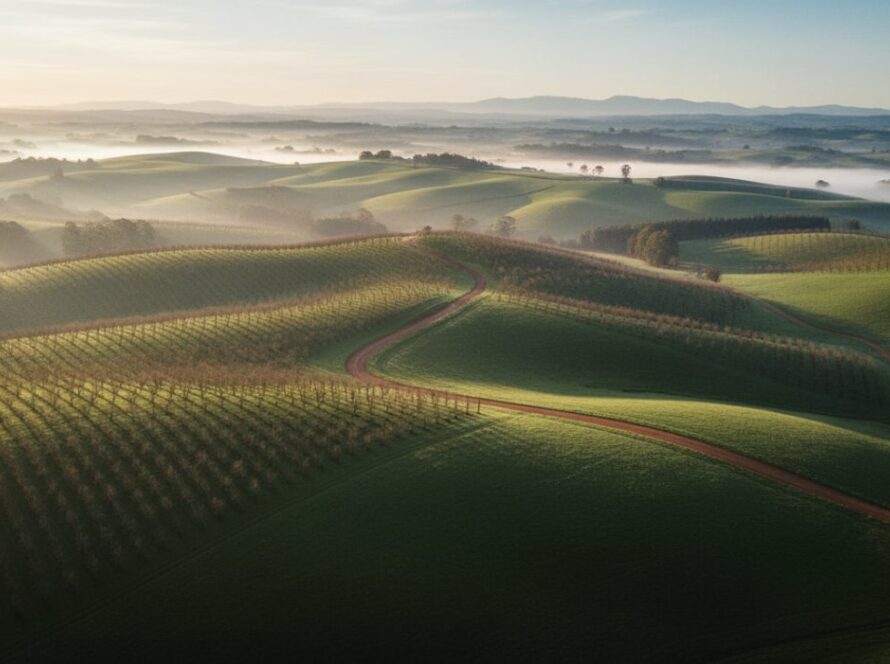 An epic drone photograph showcasing the serene rolling hills and lush orchards of Wandin East at sunrise, capturing the rural beauty with golden light illuminating a winding country road, expertly captured with Wandin East Drone Photography for Rural Beauty.