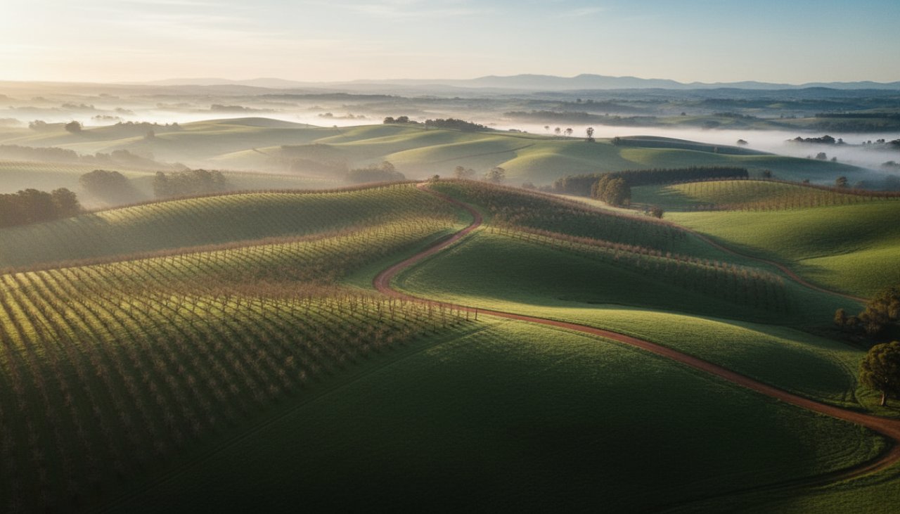 An epic drone photograph showcasing the serene rolling hills and lush orchards of Wandin East at sunrise, capturing the rural beauty with golden light illuminating a winding country road, expertly captured with Wandin East Drone Photography for Rural Beauty.