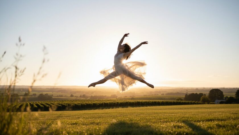 A Wandin East dynamic dance photography hero shot featuring a powerful contemporary dancer mid-leap, silhouetted against a golden sunset over the Wandin East hills, showcasing incredible athleticism and grace.