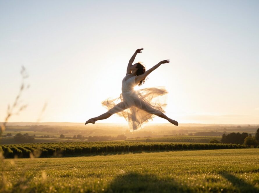 A Wandin East dynamic dance photography hero shot featuring a powerful contemporary dancer mid-leap, silhouetted against a golden sunset over the Wandin East hills, showcasing incredible athleticism and grace.