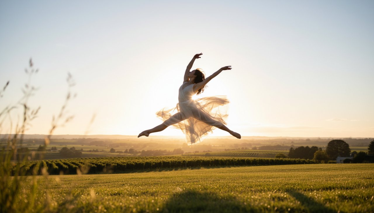 A Wandin East dynamic dance photography hero shot featuring a powerful contemporary dancer mid-leap, silhouetted against a golden sunset over the Wandin East hills, showcasing incredible athleticism and grace.