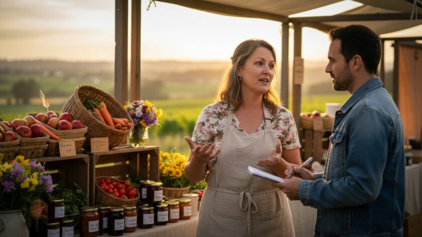 Dynamic wide shot showcasing Wandin East editorial photography capturing local narratives, featuring a journalist interviewing a local farmer against a vibrant vineyard backdrop at sunrise, capturing an authentic, epic moment.