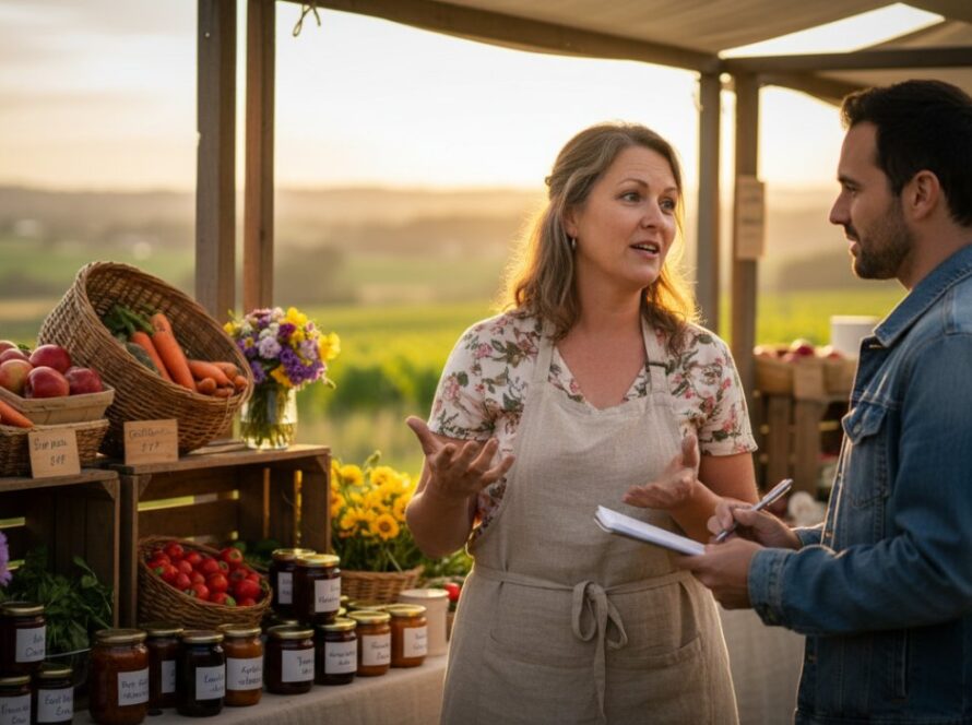 Dynamic wide shot showcasing Wandin East editorial photography capturing local narratives, featuring a journalist interviewing a local farmer against a vibrant vineyard backdrop at sunrise, capturing an authentic, epic moment.