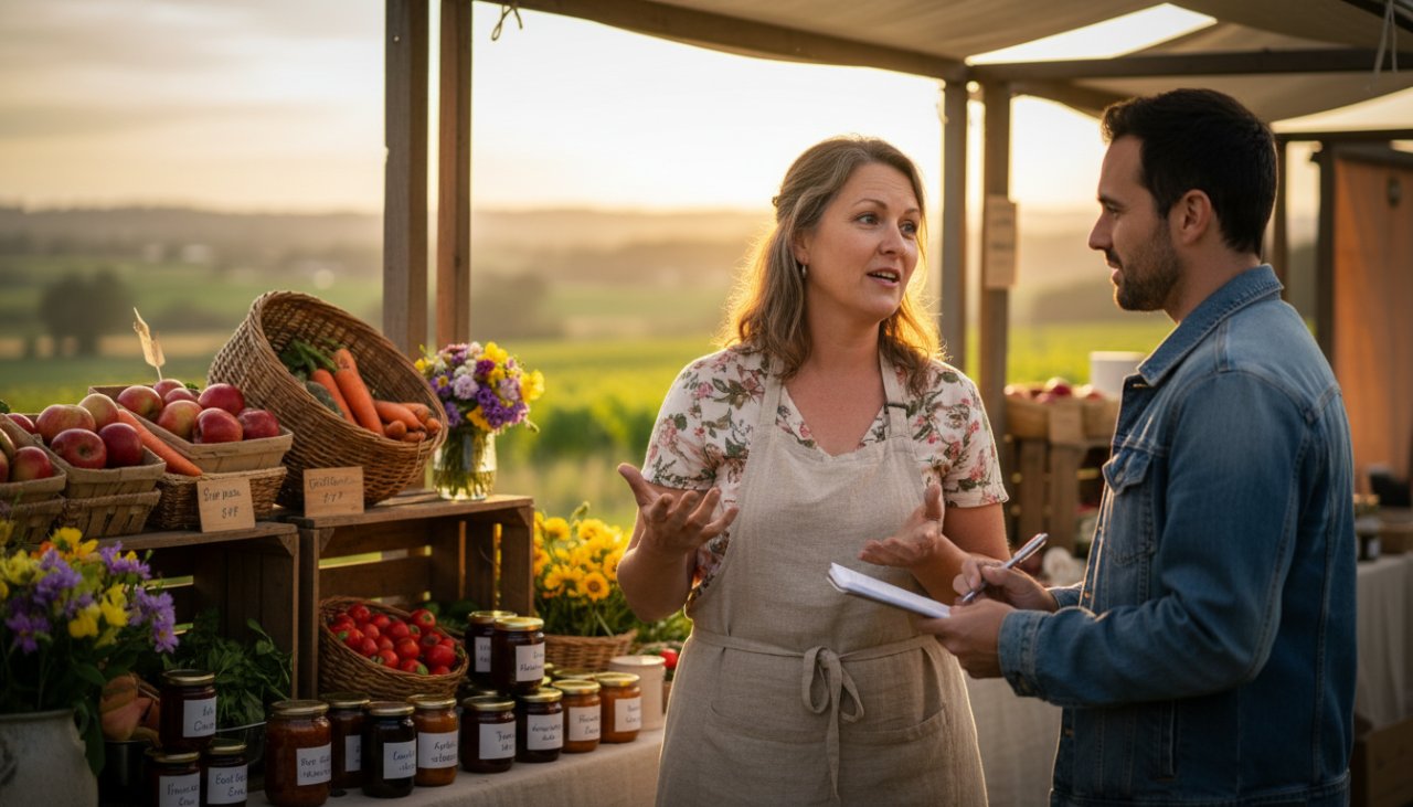 Dynamic wide shot showcasing Wandin East editorial photography capturing local narratives, featuring a journalist interviewing a local farmer against a vibrant vineyard backdrop at sunrise, capturing an authentic, epic moment.