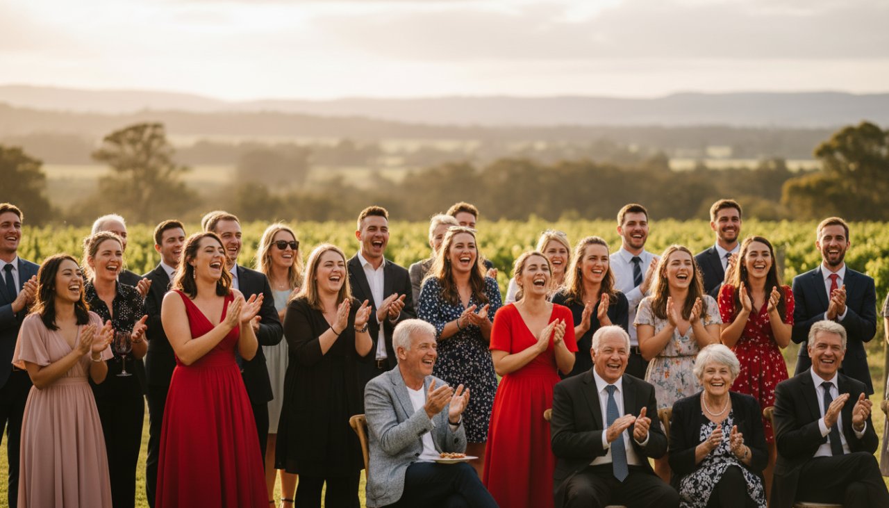 A wide-angle, cinematic photograph showcasing an epic moment of genuine laughter and connection at a vibrant outdoor event in Wandin East, Victoria, perfectly embodying Wandin East event photography candid storytelling Victoria. The golden hour sun backlights a group of guests raising glasses in celebration, with rolling hills and distant vineyards of the Yarra Valley in the soft background, capturing authentic joy and camaraderie.