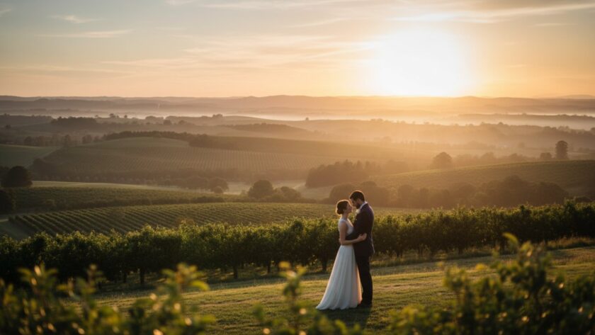 A poignant Wandin East fine art photography emotional storytelling image featuring a couple embracing under the soft, golden light of dawn in a misty Yarra Valley vineyard, capturing a tender and epic moment.