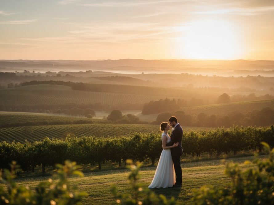 A poignant Wandin East fine art photography emotional storytelling image featuring a couple embracing under the soft, golden light of dawn in a misty Yarra Valley vineyard, capturing a tender and epic moment.