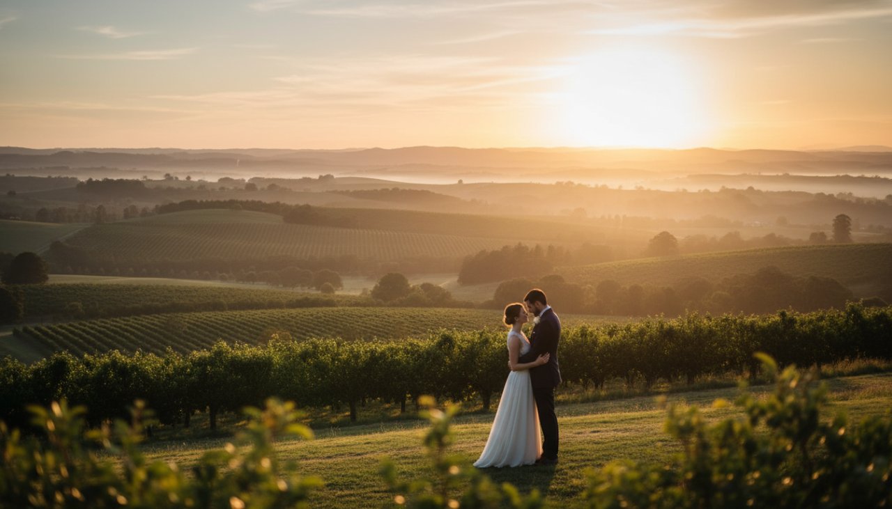 A poignant Wandin East fine art photography emotional storytelling image featuring a couple embracing under the soft, golden light of dawn in a misty Yarra Valley vineyard, capturing a tender and epic moment.