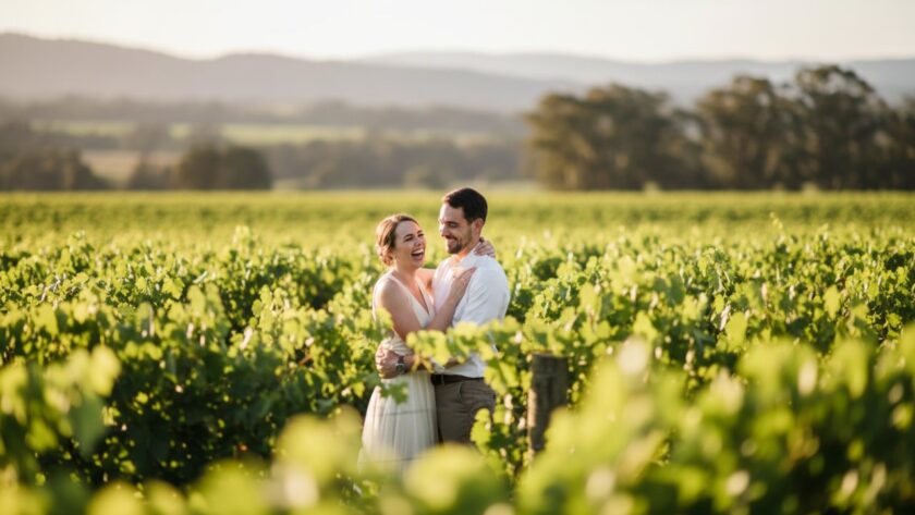 A couple laughing genuinely, walking hand-in-hand through a sun-dappled vineyard in Wandin East, Victoria, captured as an unposed, epic moment by Wandin East genuine candid photography for authentic moments.