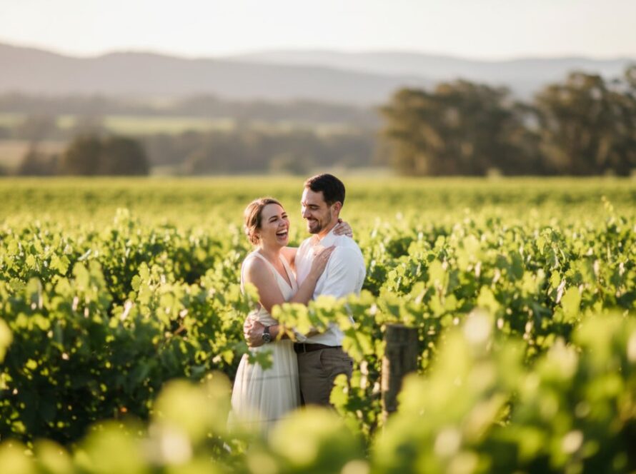 A couple laughing genuinely, walking hand-in-hand through a sun-dappled vineyard in Wandin East, Victoria, captured as an unposed, epic moment by Wandin East genuine candid photography for authentic moments.