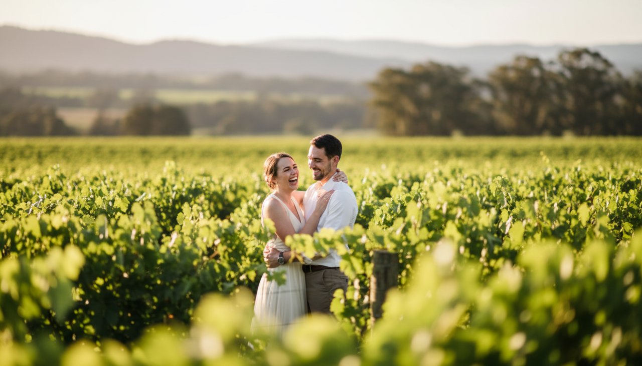 A couple laughing genuinely, walking hand-in-hand through a sun-dappled vineyard in Wandin East, Victoria, captured as an unposed, epic moment by Wandin East genuine candid photography for authentic moments.