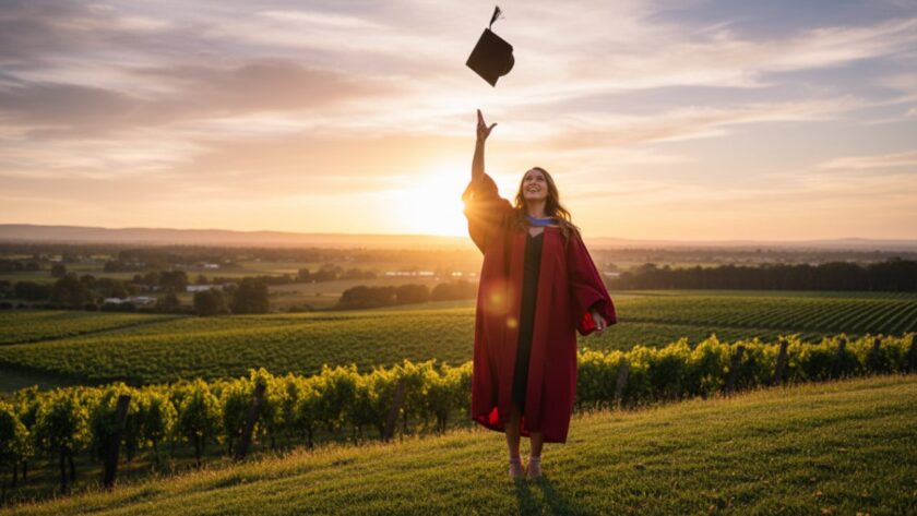 An ecstatic graduate in academic regalia tossing their cap in the air against a vibrant sunset over the rolling hills of Wandin East, Victoria, symbolizing the triumph captured by Wandin East graduation photography celebrates achievements.