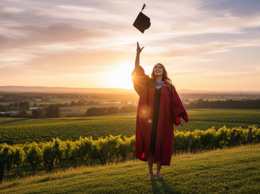 An ecstatic graduate in academic regalia tossing their cap in the air against a vibrant sunset over the rolling hills of Wandin East, Victoria, symbolizing the triumph captured by Wandin East graduation photography celebrates achievements.