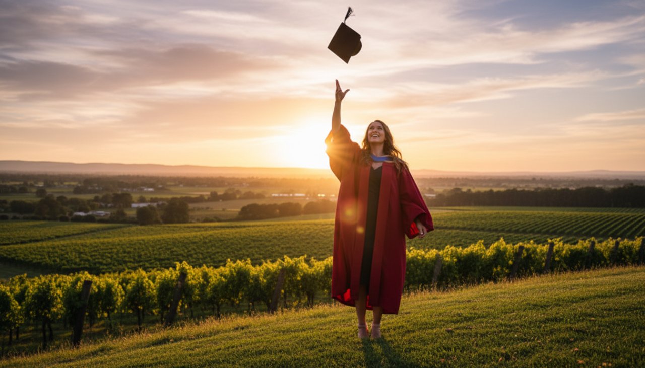 An ecstatic graduate in academic regalia tossing their cap in the air against a vibrant sunset over the rolling hills of Wandin East, Victoria, symbolizing the triumph captured by Wandin East graduation photography celebrates achievements.