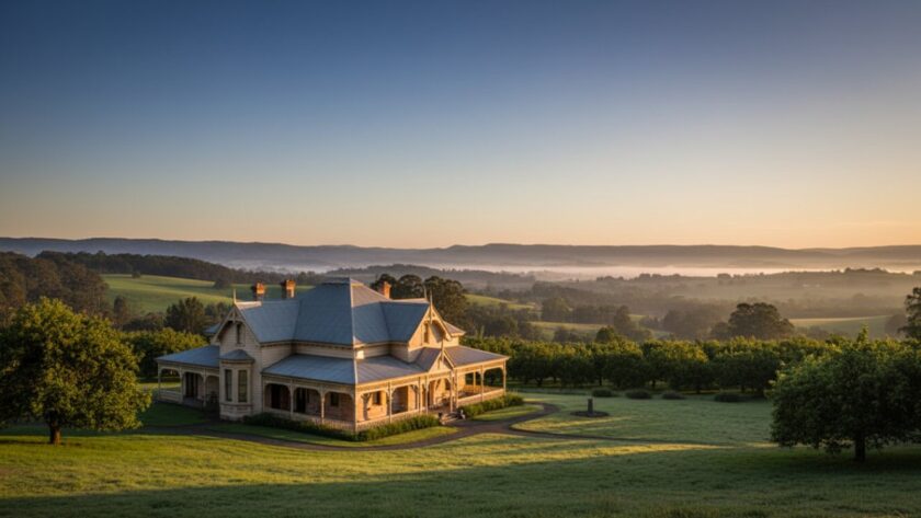 An aerial, golden hour shot showcasing a grand Wandin East historical homestead, surrounded by lush Victorian gardens, highlighting its intricate architectural details under soft, warm light, perfect for Wandin East historical homestead architecture photography.