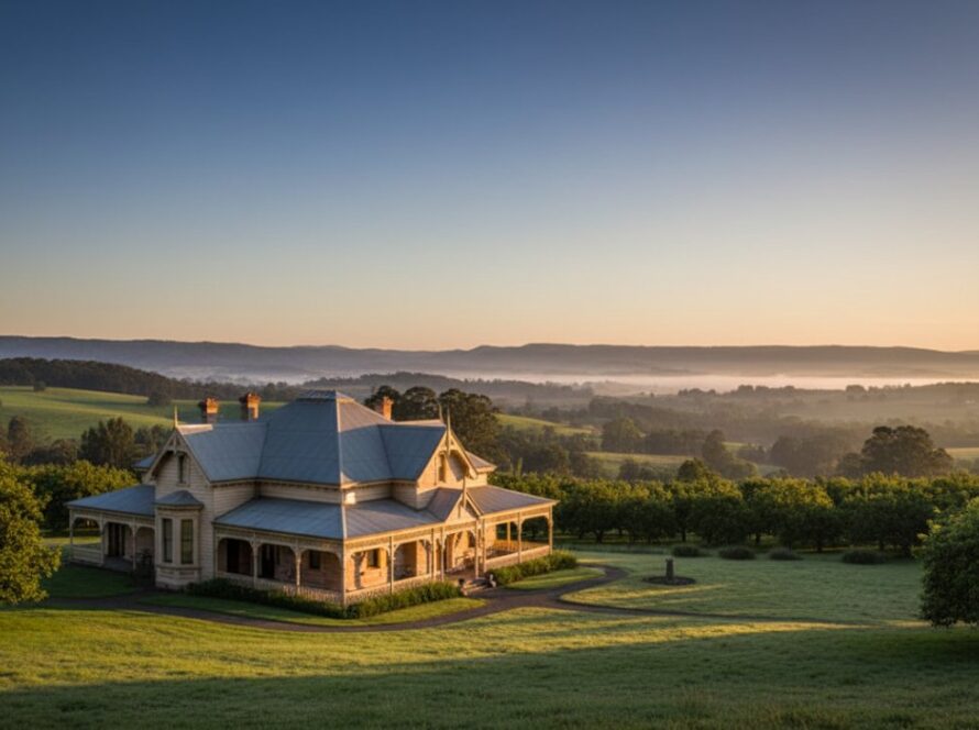 An aerial, golden hour shot showcasing a grand Wandin East historical homestead, surrounded by lush Victorian gardens, highlighting its intricate architectural details under soft, warm light, perfect for Wandin East historical homestead architecture photography.