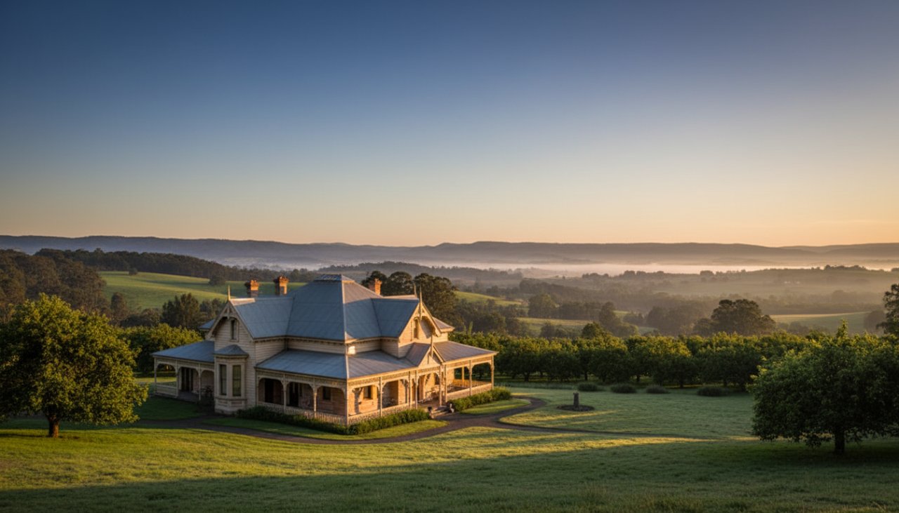 An aerial, golden hour shot showcasing a grand Wandin East historical homestead, surrounded by lush Victorian gardens, highlighting its intricate architectural details under soft, warm light, perfect for Wandin East historical homestead architecture photography.