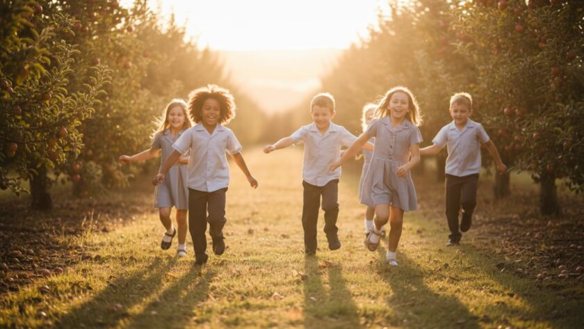A wide-angle, vibrant portrait of Wandin East primary school students laughing and running through sun-dappled fields, capturing an epic moment of unbridled joy and natural school photography in rural Victoria.