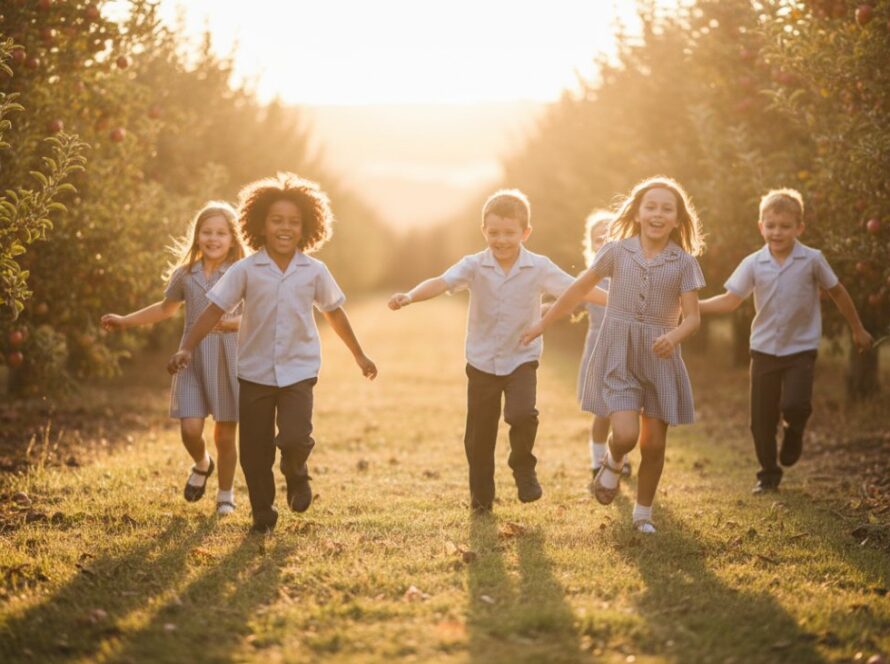 A wide-angle, vibrant portrait of Wandin East primary school students laughing and running through sun-dappled fields, capturing an epic moment of unbridled joy and natural school photography in rural Victoria.