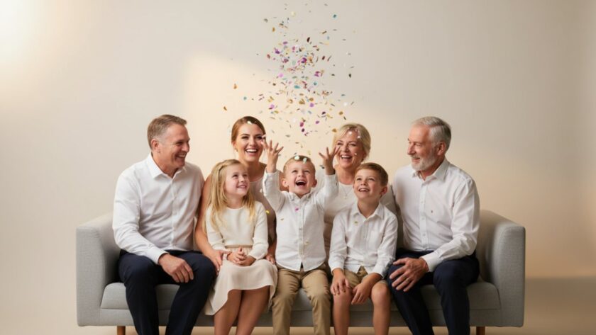 A heartwarming, cinematic image of a Wandin East family laughing joyfully during a studio photography session, capturing cherished family portraits with soft, radiant backlighting and a genuine connection.