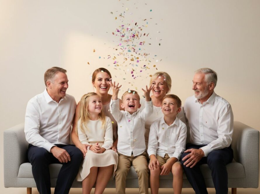 A heartwarming, cinematic image of a Wandin East family laughing joyfully during a studio photography session, capturing cherished family portraits with soft, radiant backlighting and a genuine connection.
