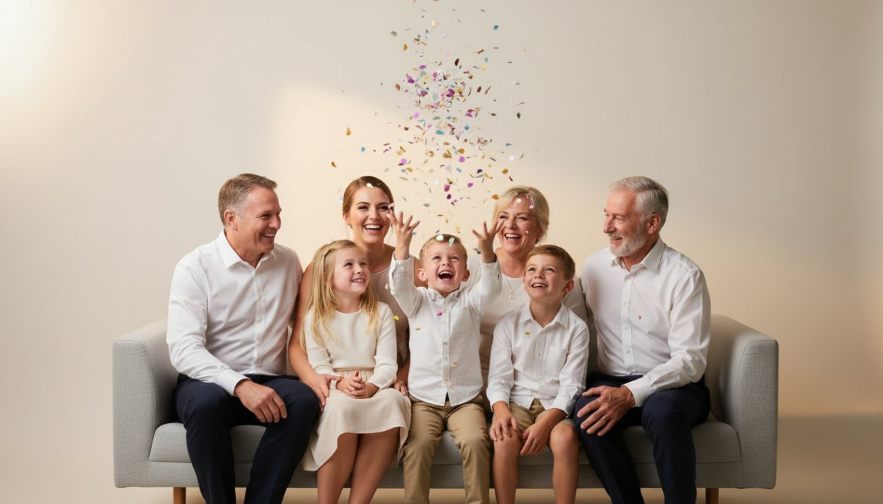 A heartwarming, cinematic image of a Wandin East family laughing joyfully during a studio photography session, capturing cherished family portraits with soft, radiant backlighting and a genuine connection.