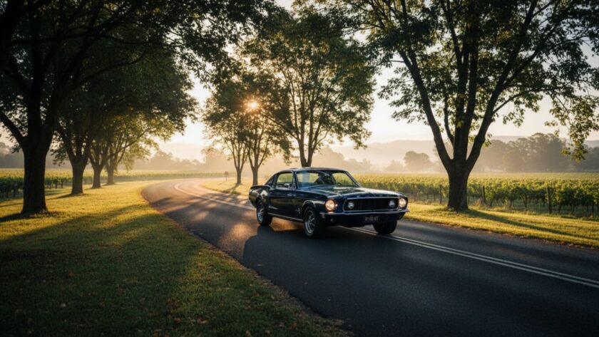 Dramatic wide shot of a gleaming vintage muscle car driving through a misty Wandin East vineyard at sunrise, capturing the essence of Wandin East Victoria Prestige Car Photography with golden light on the vehicle's polished surface.