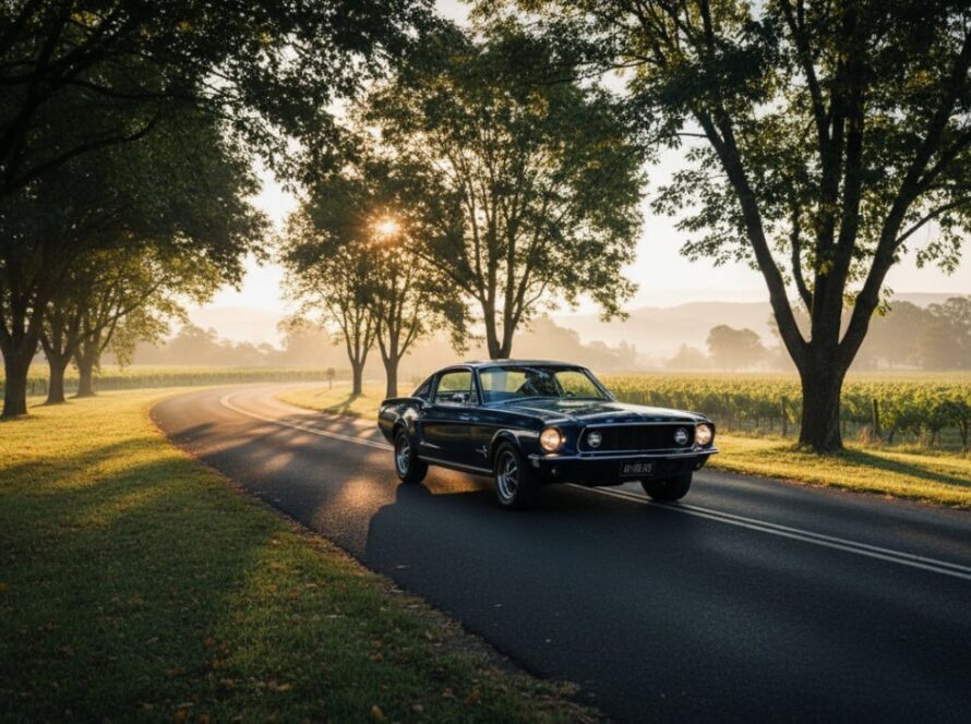 Dramatic wide shot of a gleaming vintage muscle car driving through a misty Wandin East vineyard at sunrise, capturing the essence of Wandin East Victoria Prestige Car Photography with golden light on the vehicle's polished surface.