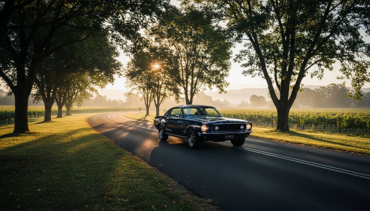Dramatic wide shot of a gleaming vintage muscle car driving through a misty Wandin East vineyard at sunrise, capturing the essence of Wandin East Victoria Prestige Car Photography with golden light on the vehicle's polished surface.