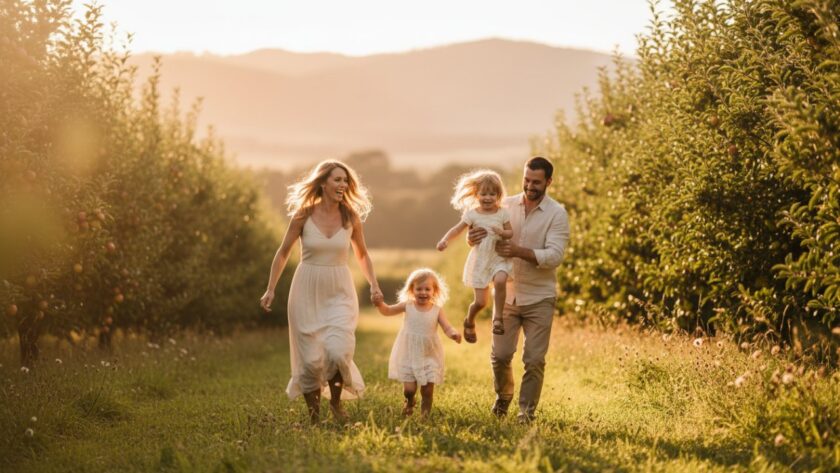 An epic moment of a family laughing joyfully in a sun-drenched Wandin North orchard at golden hour, exemplifying Wandin North family photography capturing genuine moments. Parents are swinging their young child between them, with the Dandenong Ranges in the soft focus background.