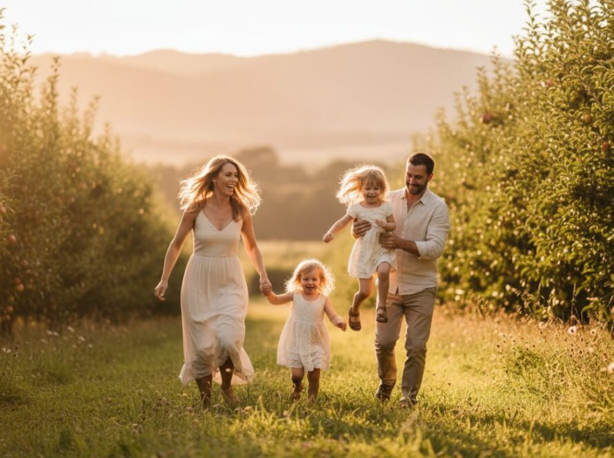 An epic moment of a family laughing joyfully in a sun-drenched Wandin North orchard at golden hour, exemplifying Wandin North family photography capturing genuine moments. Parents are swinging their young child between them, with the Dandenong Ranges in the soft focus background.