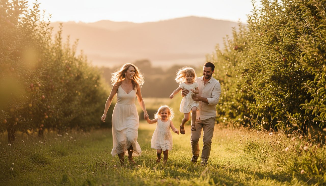 An epic moment of a family laughing joyfully in a sun-drenched Wandin North orchard at golden hour, exemplifying Wandin North family photography capturing genuine moments. Parents are swinging their young child between them, with the Dandenong Ranges in the soft focus background.