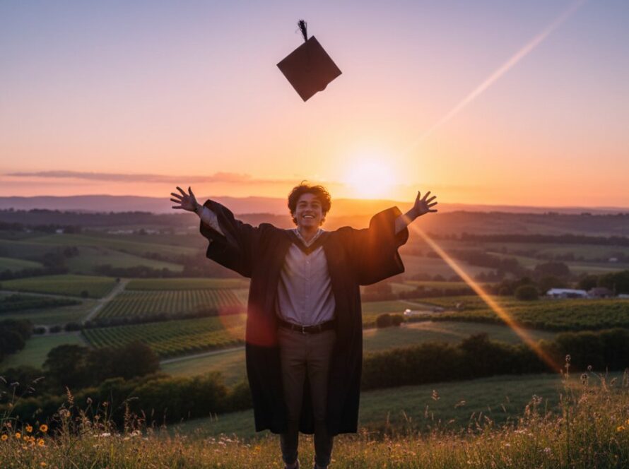 A vibrant, cinematic photograph capturing a graduating student in their cap and gown, joyfully tossing their mortarboard against the picturesque backdrop of the Wandin North landscape at sunset, symbolizing their achievement. This Wandin North high school graduation photography Victoria epic moment showcases pure elation and success.