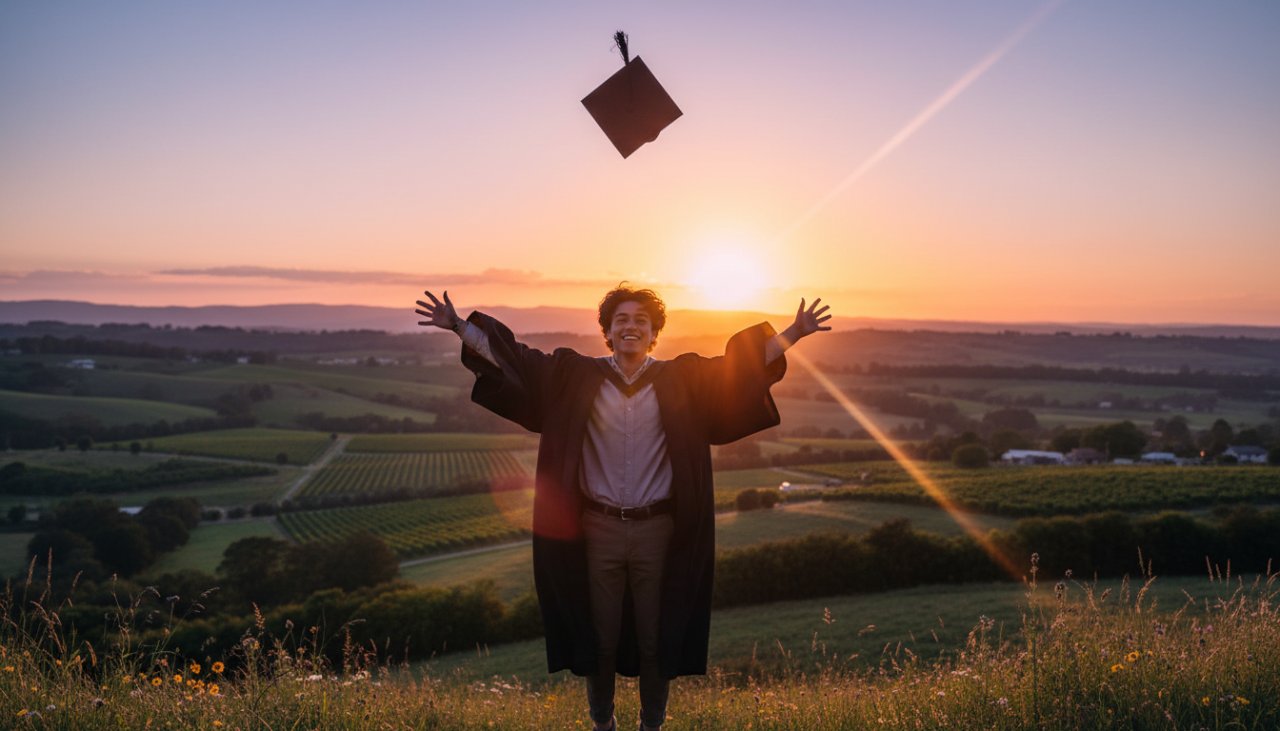A vibrant, cinematic photograph capturing a graduating student in their cap and gown, joyfully tossing their mortarboard against the picturesque backdrop of the Wandin North landscape at sunset, symbolizing their achievement. This Wandin North high school graduation photography Victoria epic moment showcases pure elation and success.