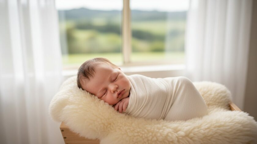 An exquisite, emotionally resonant photograph capturing a peaceful baby nestled amongst soft blankets during a Wandin North newborn photography natural light session, bathed in warm, gentle sunlight streaming through a window.