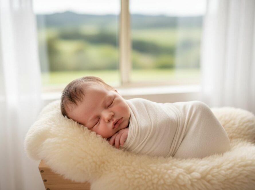 An exquisite, emotionally resonant photograph capturing a peaceful baby nestled amongst soft blankets during a Wandin North newborn photography natural light session, bathed in warm, gentle sunlight streaming through a window.